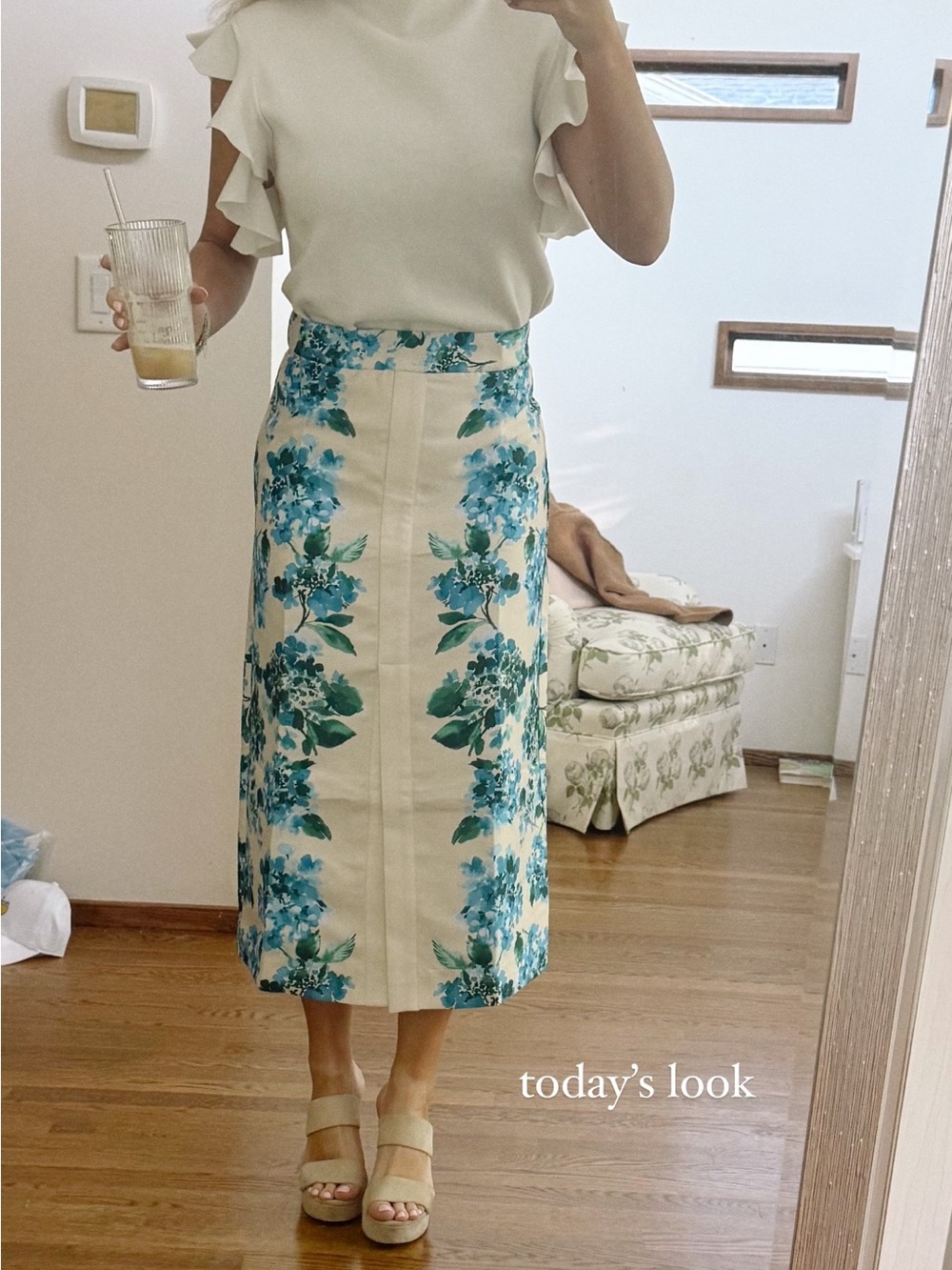 Floral Column Midi Skirt in Cream and Teal